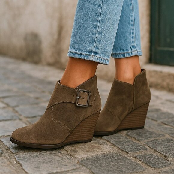 Lucky Brand Womens Size 8 B Brown Suede Sumarah Wedge Buckle Ankle Boots Booties - Picture 1 of 12